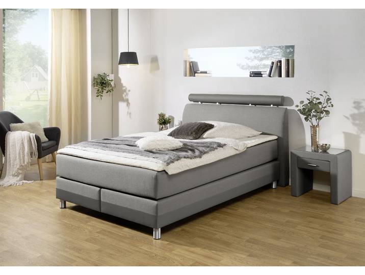 Boxspringbett, Strukturstoff & Kunstleder, Grau-Anthrazit, 152×217 cm, 7-Zonen-Tonnentaschenfederkern, Modern, Inosign