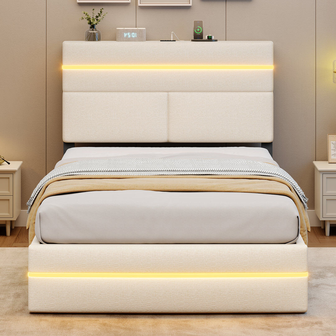 Metro Annelieke Ottoman Bed with Storage, Upholstered Headboard with LED Lights & Charging Station, Gas-Lift Bed Frame, Wooden Slats, Modern Minimalist Beige Single (3')
