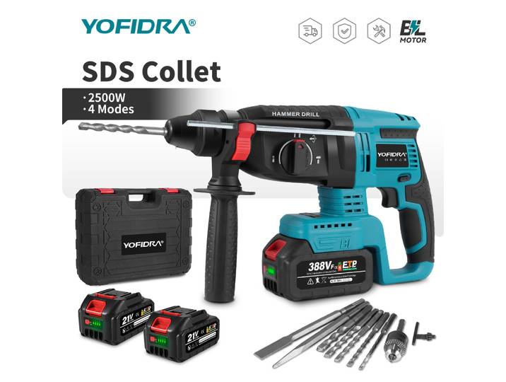 YOFIDRA marteau électrique sans brosse perceuse à percussion 26MM sans fil travail du bois perceuse à percussion ensemble d'outils électriques pour Makita 18V batterie broche