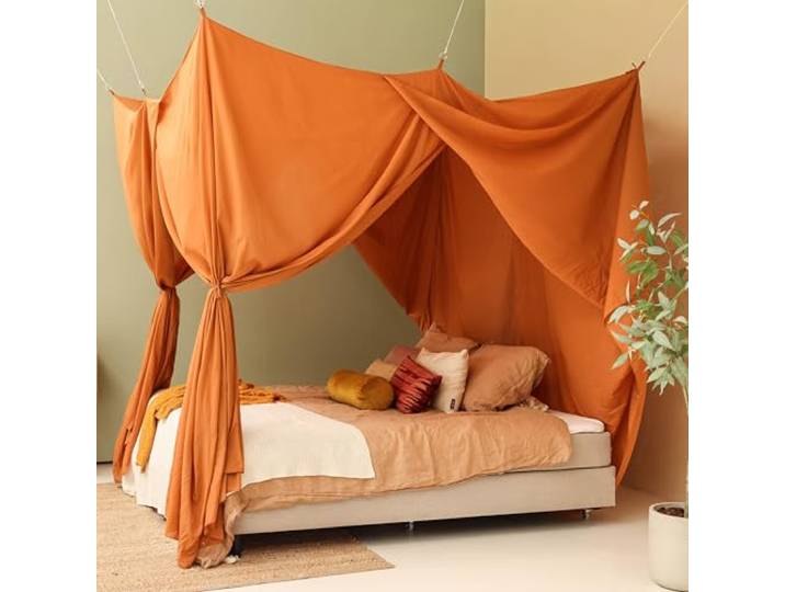 Orange Betthimmel für Doppelbett Rechteckiges Luxuriöses Moskitonetz Dekorativer Baldachin für Bett XXL Himmelbett Vorhänge, 4 Öffnungen