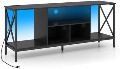 Costway TV Stand with LED Lights for 65 Inch TV Entertainment Center with Power Outlets-Black