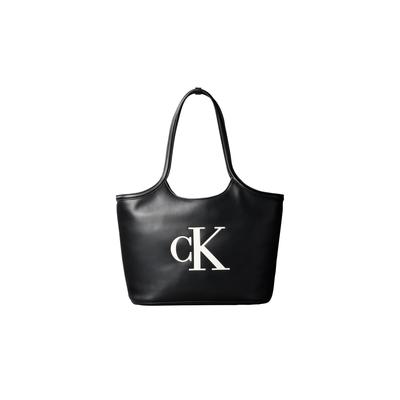 Tragetasche CALVIN KLEIN "BOLD CK SHOPPER", Damen, Gr. B/H/T: 46cm x 29cm x 14cm, schwarz (schwarz, weiß), Lederimitat, kontrastfarbene Details, Taschen, Shopper, Damen Umhängetasche, Schultertasche mit plakativem CK-Logo