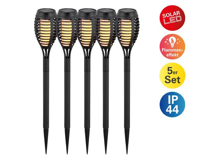 LED Solarleuchte NÄVE Fanilo , schwarz, H:45cm Ø:6cm, Leuchten, LED Solarleuchte, 5er Set Fackeln, Flammeneffekt, schwarz, LED warmweiß, H: 45cm, D: 6cm