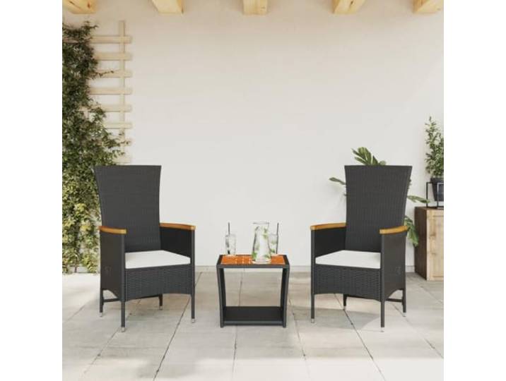 HEFZGDB 3-TLG. Garten-Essgruppe mit Kissen Schwarz Poly Rattan, Outdoor Esstischgruppe mit verstellbaren Sesseln und Akazienholz Tischplatte, wetterbeständige PE Rattan Möbel