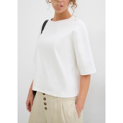 T-Shirt BONPRIX, Damen, Gr. 44/46 (L), weiß (wollweiß), Obermaterial: 100% Baumwolle, oversize, Shirts T-Shirt, Oversize-Style, mit Rundhalsausschnitt, aus Baumwolle