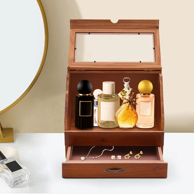 Multicon Wholesale Hub Premium Wooden Perfume & Jewelry Organizer Display Stand With Drawer Elegant Vanity Storage Solution Premium Wooden Perfume & Jewelry Organizer Display Stand With Drawer Elegant Vanity Storage Solution