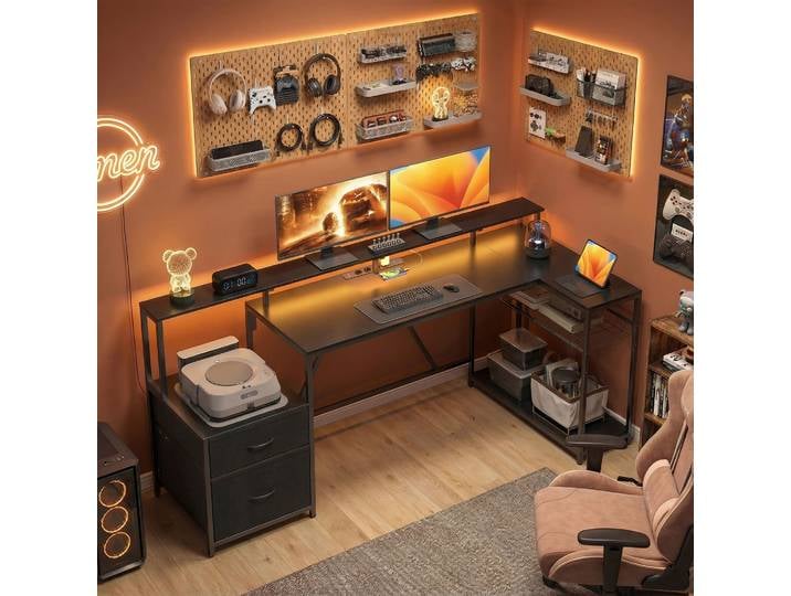 HOMCOM Bureau Gaming d'Angle LED Hub Recharge Bois/Acier Noir