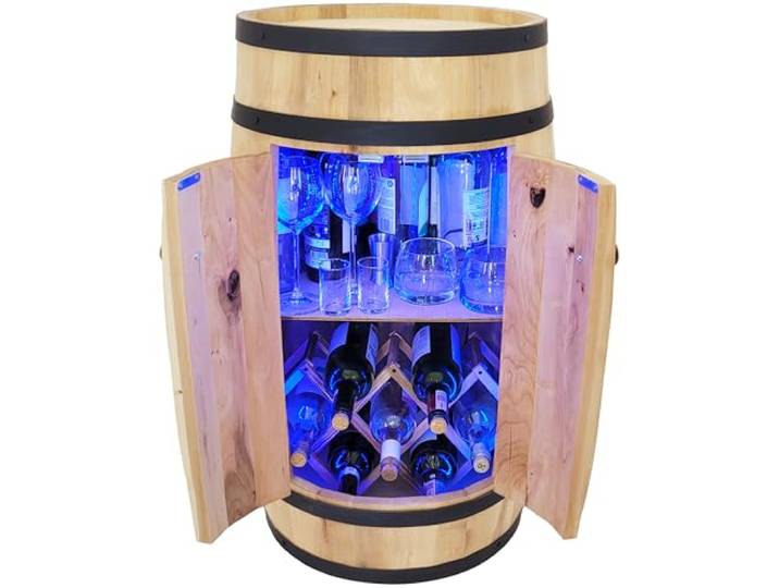 weeco - Fassbar mit Tür und Weinhalter RGB-LED-Beleuchtung - Weinregal. Hausbar Weinrack 80 cm. Rustikaler deko Barschrank Weinständer Fassbier, Whisky bar Flaschenständer - Holzfass