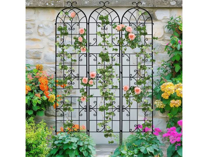Lot de 3 treillis de jardin en métal hauts pour plantes grimpantes, légumes et vigne, supports de plantes extérieurs antirouille