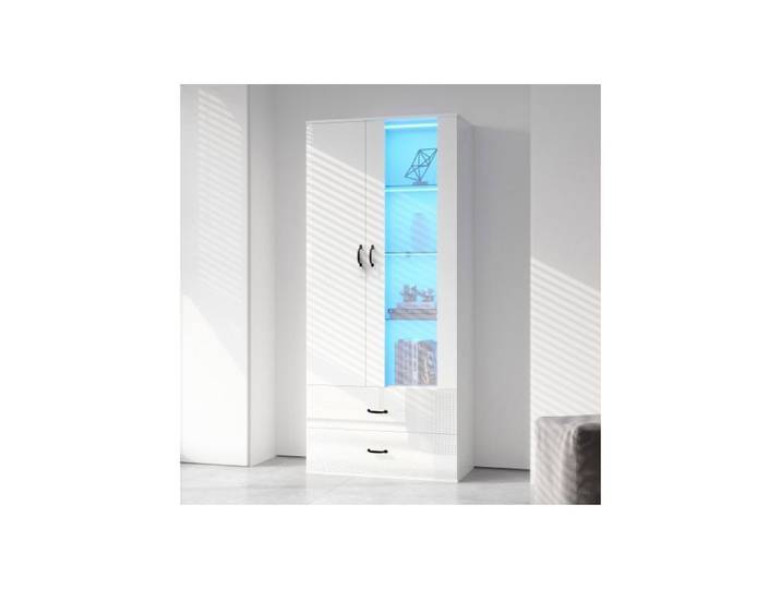 Armoire à vitrine - Vitrine Armoire avec LED et 2 portes - Vitrine haute avec rangement pour salon - 59.5x35x182cm - Blanc