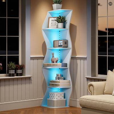 Corner Bookshelf with LED Lights 6 Tier Modern Corner Shelf with Remote Space-Saving Corner Bookshelf for Living Room