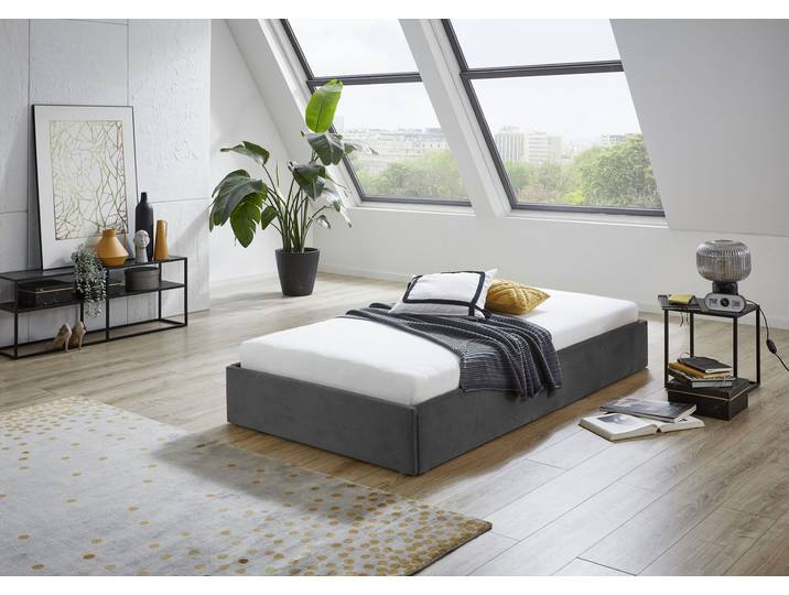 Polsterbett, Glanzvelours, Grau, 105×205 cm, Mit Taschen-Federkernmatratze, WESTFALIA Schlafkomfort