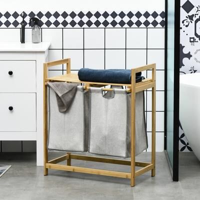 HOMCOM Double Laundry Hamper 2 Section Bamboo Laundry Basket with Storage Shelf 2 Pull-Out and Removable Bags