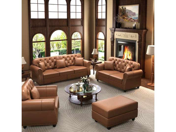 Ensemble Chesterfield 6 places - similicuir marron - canapé 3 places + canapé 2 places + fauteuil 1 place + pouf - 6 coussins
