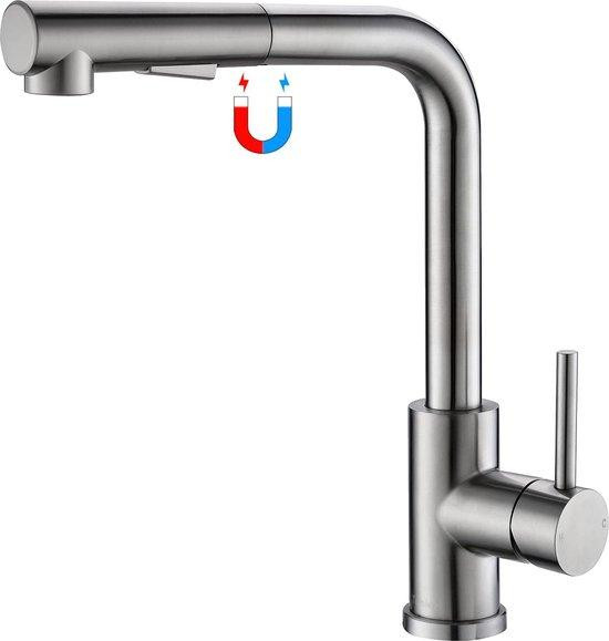 Tohlar Keukenkraan L-vorm, Geborsteld Roestvrij Staal, Uitschuifbaar met Sproeikop en Magnetische Bevestiging
