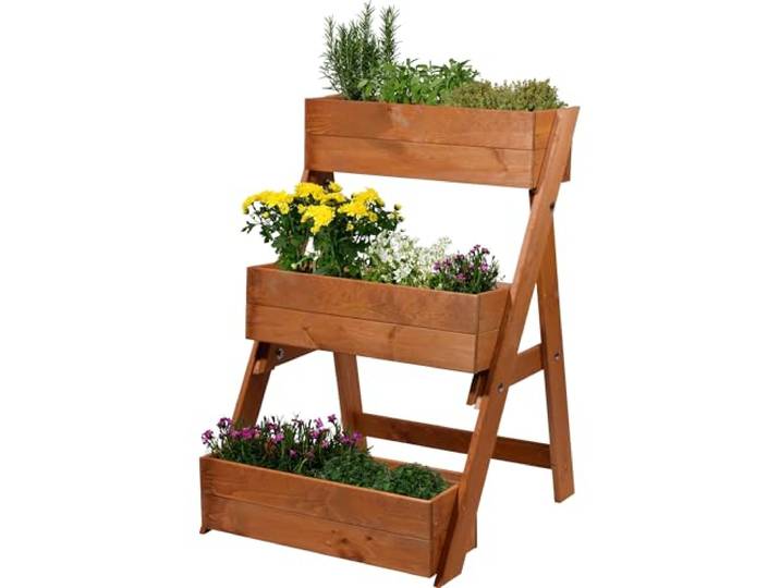 dobar® Dreistufige Pflanztreppe Outdoor aus Massiv-Holz für Balkon und Garten - Blumenbeet mit 3 Pflanzkästen farbig lasiert für draußen - 60 x 70 x 90 cm - Braun