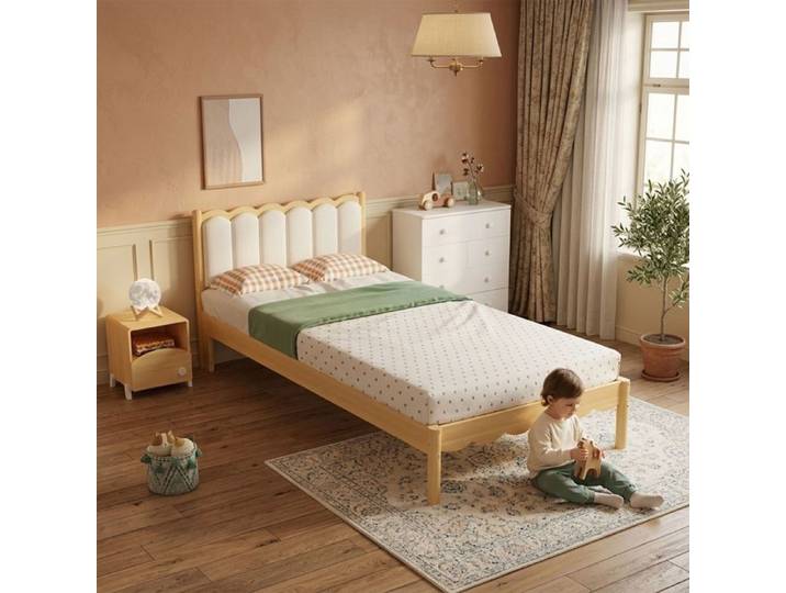 Lit Rembourré Enfant - SOGEU - Design vague - 90x200 cm - Cadre bois massif - Tête de lit PU beige