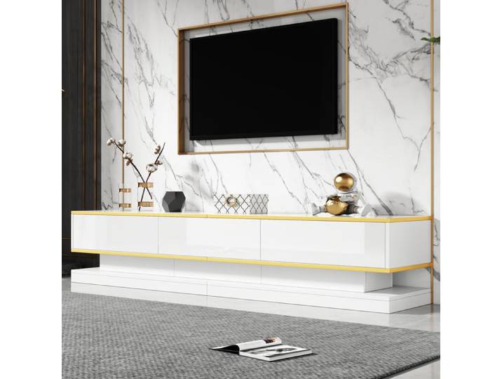 LPOSPI Meuble tv moderne avec 3 tiroirs et grands rangements design haute brillance bordure dorée blanc chaud 200x40x40 cm