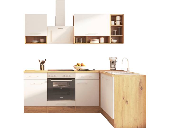 Winkelküche, Weiß & Wildeiche Nachbildung, 220x172 cm, MDF & Spanplatte, Wechselseitig Aufbaubar, Modern
