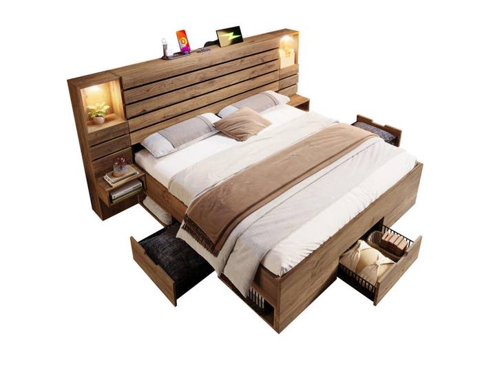 Redom Doppelbett 180/200 cm mit LED-Downlights, Usb- und USB-C-Anschluss, Stauraum und schwebenden Nachttischen, Eiche, Eichefarben, 180x200 cm, Schlafzimmer, Betten