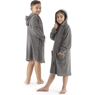 Kinderbademantel KANGAROOS "Kira, Ideal für Zuhause, Schwimmbad oder im Urlaub" Gr. 128, grau, 128, Leichtfrottier, Hausmäntel, modernen, sportliches Design, leuchtenden Akzenten