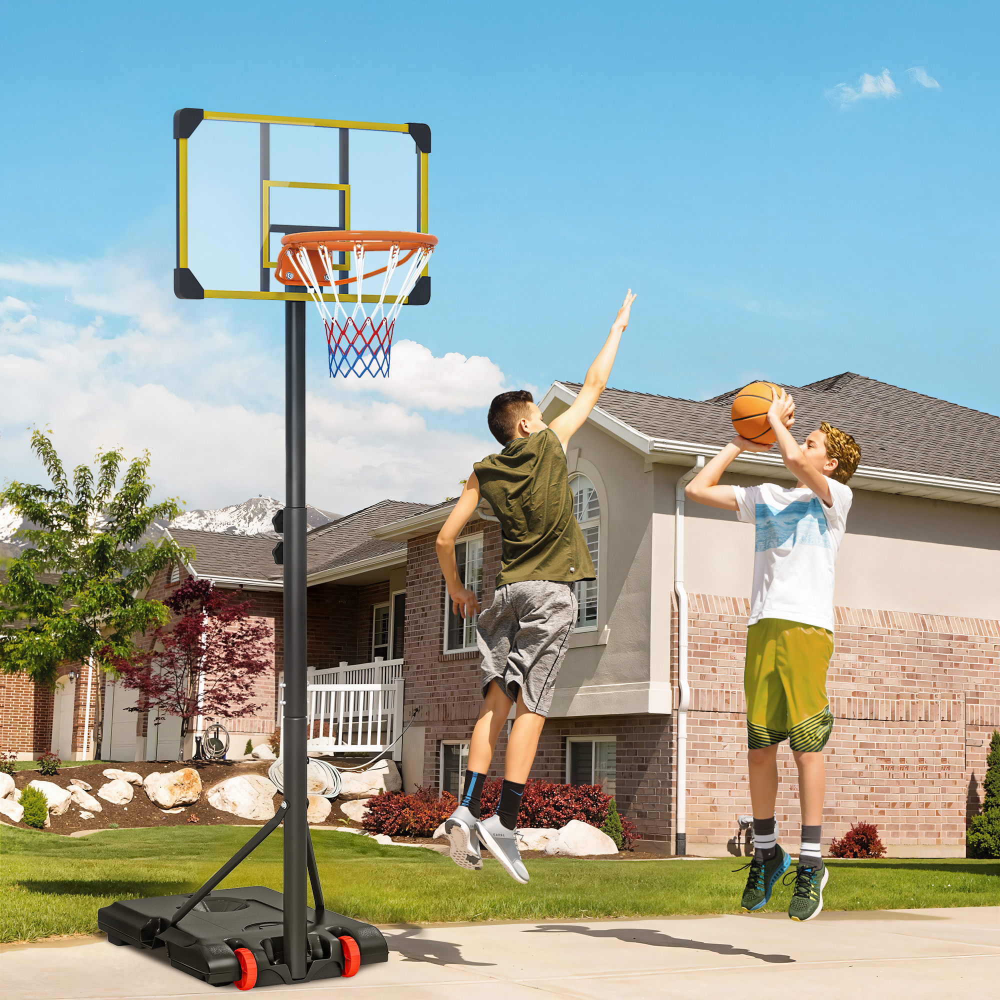 Sportnow Canestro Basket per Bambini 6-14 Anni, Altezza Regolabile 2.1-2.4 m, Ruote e Base Riempibile, Giallo