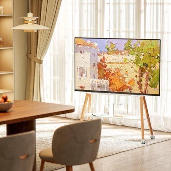 TV-Ständer für mobile Nutzung - geeignet für Fernseher mit 49 bis 75 Zoll - aus Holz und Metall - weiß - mit Rollen - Stativdesign