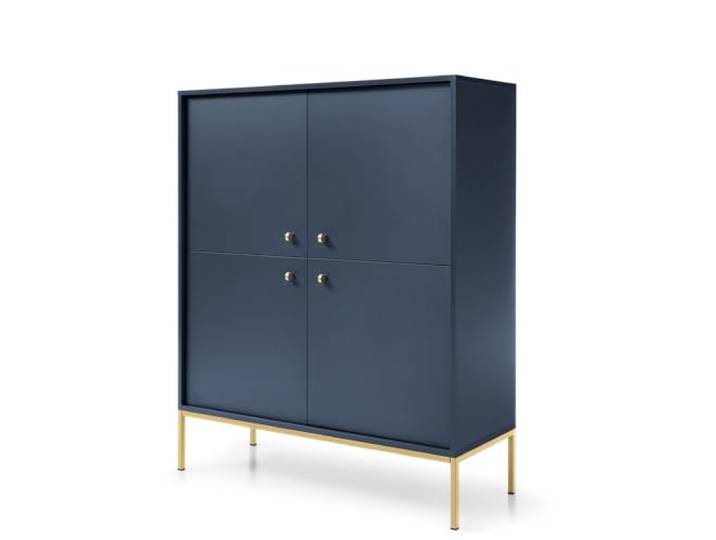 Highboard Stauraumschrank in blau, Fußgestell goldfarben, Griffe goldfarben