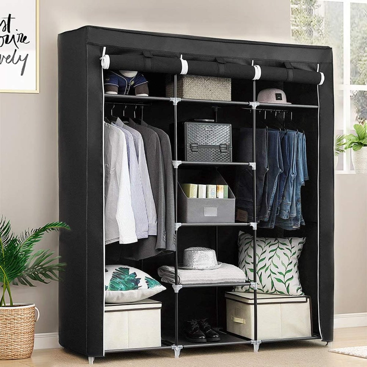 Grote kledingkast organizer met stalen frame - Zwarte opvouwbare garderoberek