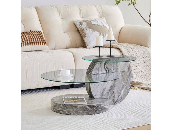 BELLEMAVE - Table basse ronde en verre design multicouche structure stable MDF aspect bois minimalisme moderne Gris