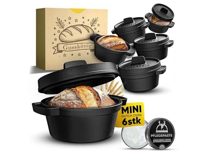 GUSSKÖNIG Mini Gusseisen Brotbackform Set – 6x 300 ml Mini Dutch Oven mit Deckel – eingebrannte Brotbacktöpfe für Mini-Brote, Brötchen & Einzelportionen – Gusseisen Topf Brot Backen inkl. Pflegepaste