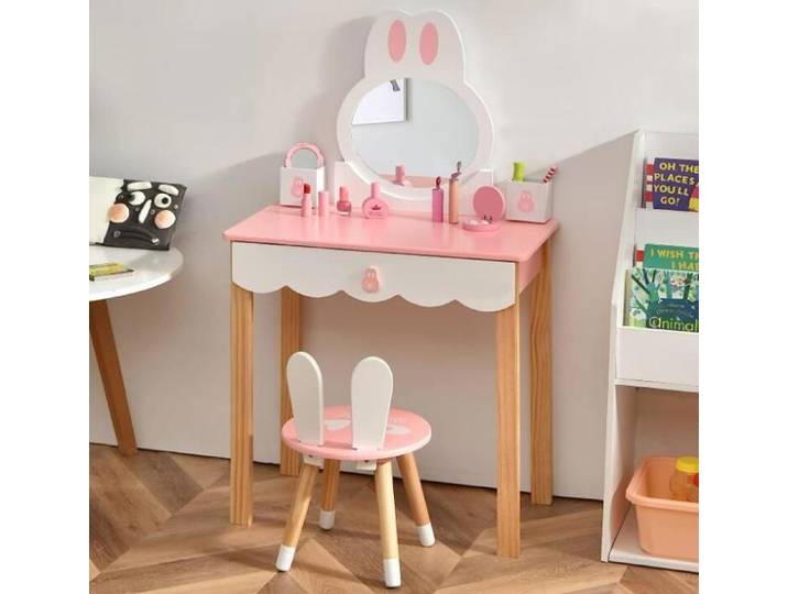 DREAMADE Coiffeuse Enfant avec Tabouret Table de Maquillage avec Tiroirs & Miroir Amovible & 2 Boîtes de Rangement en MDF Rose