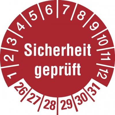 König Werbeanlagen Prüfplakette ab 26, Sicherheit geprüft, Rot/Weiß, Folie, Ø 30 mm - Bogen = 10 Plaketten - 30 mm Folie selbstklebend