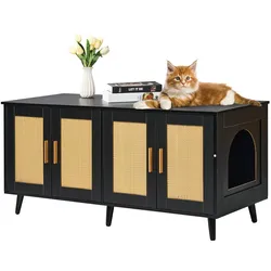 VEVOR Katzentoilettengehäuse für 2 Katzen, Katzentoilettenmöbel versteckt mit Rattan-verzierten Türen, Katzentoilettenschrank aus Holz passt in die meisten Katzentoiletten, 119,4 cm L x 40,1 cm B x 55,6 cm H, schwarz