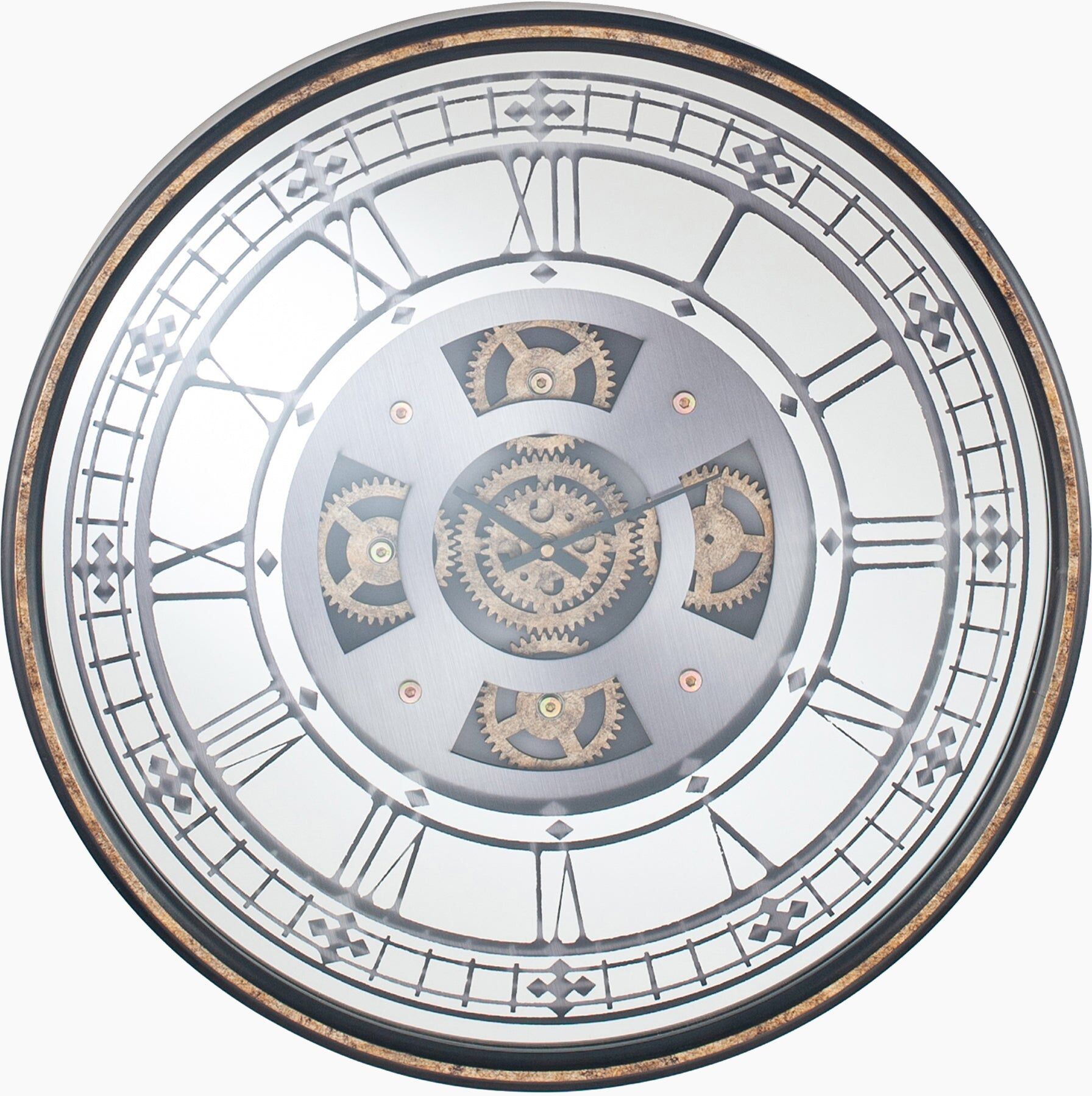 Pacific Lifestyle - Antique Gold Wood and Mirror Round Working Cog Wall Clock