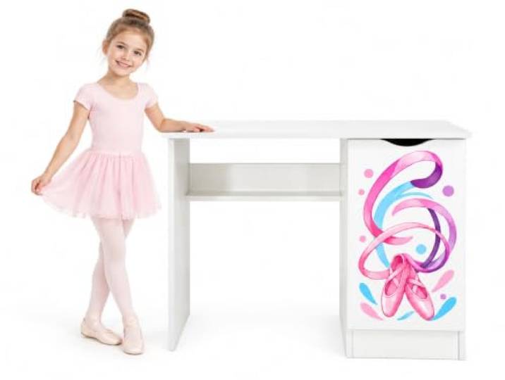 BAYAGU Kinderschreibtisch Roma mit Schrank, 90x50x77 cm (Ballerina) Direkter UV-Druck auf der Front, Einlegeboden im Schrank, weiße Oberfläche, Arbeitsfläche zum Lernen, Schreiben und Zeichnen