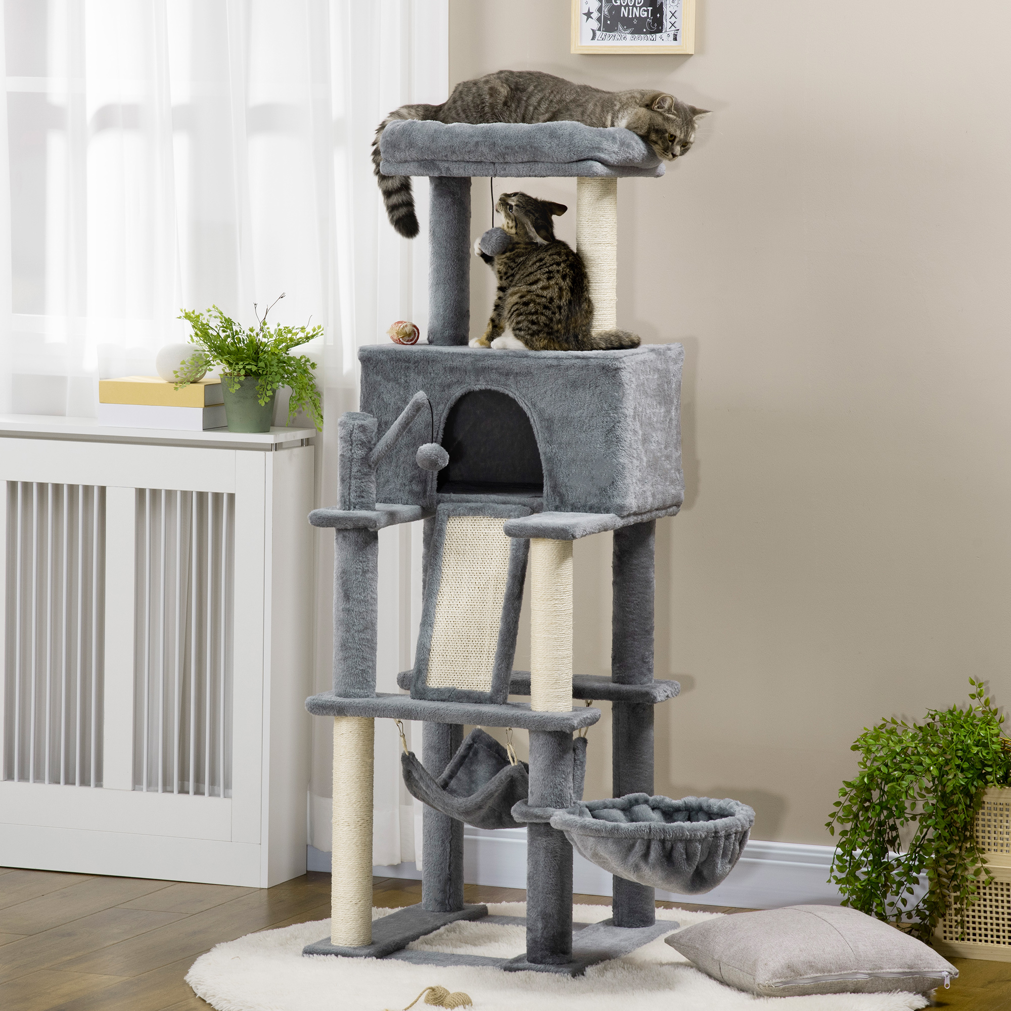 Pawhut Albero Tiragraffi per Gatti con Pali in Sisal, Casetta, Lettino e Amache, 48x48x140cm, Grigio Aosom