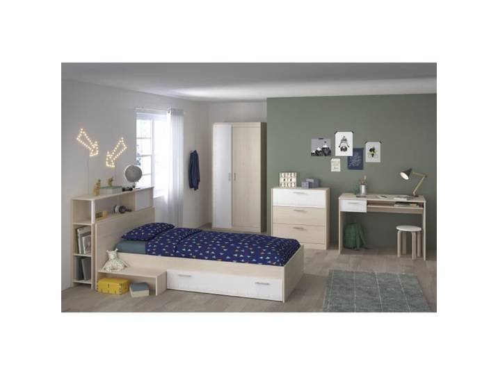 PARISOT Chambre enfant complète - Tête de lit + lit + commode + armoire + bureau - contemporain - Décor acacia clair et blanc -
