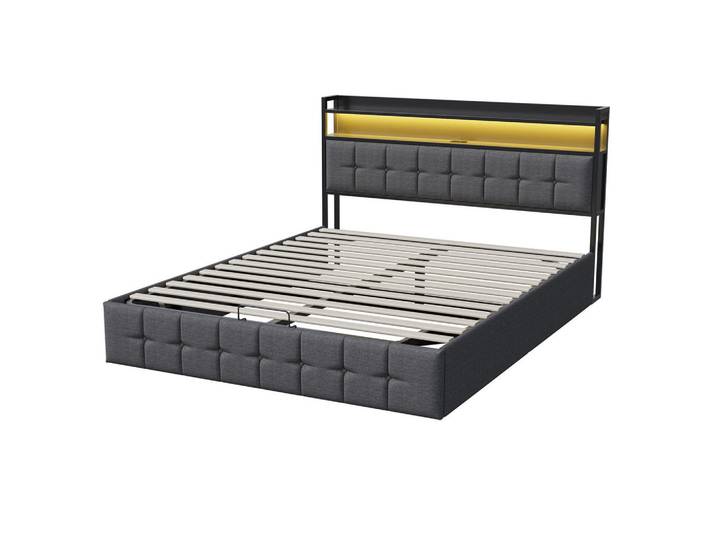 Polsterbett 160x200 cm, Grau, LED-Beleuchtung, Leinen, Mode, 140x200 cm, Schlafzimmer, Betten, Polsterbetten