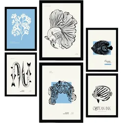 POSTER Set Mit 6 In Schwarzer Tinte Fische Kunstdrucke Von Meer Und Ozean Für Innenarchitektur A3 & A4 Schwarzer Rahmen