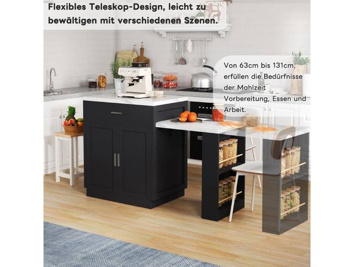 BEL Îlot cuisine table à manger extensible 4-6 personnes bicolore prise électrique placard 2 tiroirs 2 étagères ouvertes