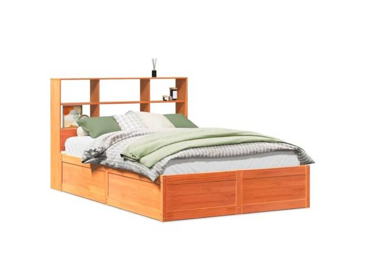 PUGYNBK Bettgestell aus Massivholz, braun, 135 x 190 cm Kopfteil mit 6 Ablagen, Leisten inklusive, platzsparend, Lendenwirbelstütze