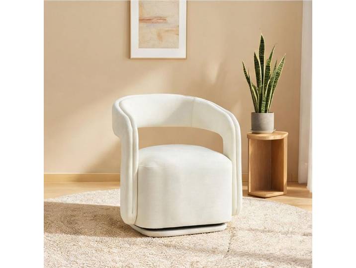 Fauteuil pivotant 360° en chenille blanche design tonneau salon ou coin lecture style moderne