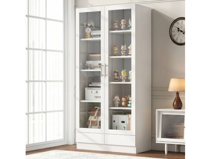 Meubliv Armoire De Rangement Vitrée Blanche 80x40x160 Cm Avec 2 Tiroirs