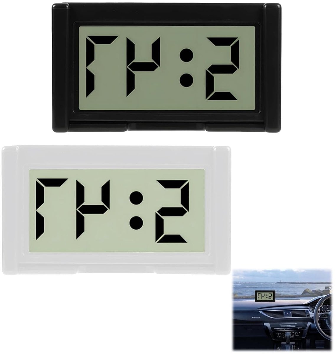 Digitale Mini Klok Set voor Auto, Bureau en Badkamer - LCD Klok met Plakpad, Zwart en Wit