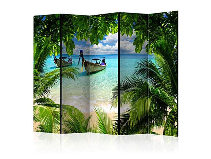 decomonkey Paravent Raumteiler Innen Meer, 225x172 cm, 5-teilig, Beidseitig Palme, Strand, Wohnzimmer, Room Divider, Wall, Raumteiler Stehend, Trennwand, Sichtschutz, Spanische Wand, Sichtschutzwand