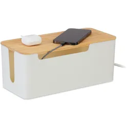 Relaxdays Kabelbox für 2 Steckdosenleisten, Bambusdeckel, Kunststoff, HBT: 13 x 31 x 14 cm, Kabel verstecken, weiß/natur