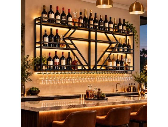 SPTZQURY Weinregal zur Wandmontage mit Wein Glashalter, 3 Lagiger Großes Industriell Schwebende Wandmontage Weinflaschenhalter, Bar Multifunktionaler Weinpareite Display Rack (Schwarz, 3 Tier,240cm)