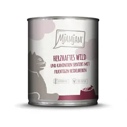 MJAMJAM Leckere Mahlzeit 800g Dose Katzennassfutter Sparpaket 12 x 800 Gramm herzhaftes Wild & Kaninchen an fruchtigen Heidelbeeren