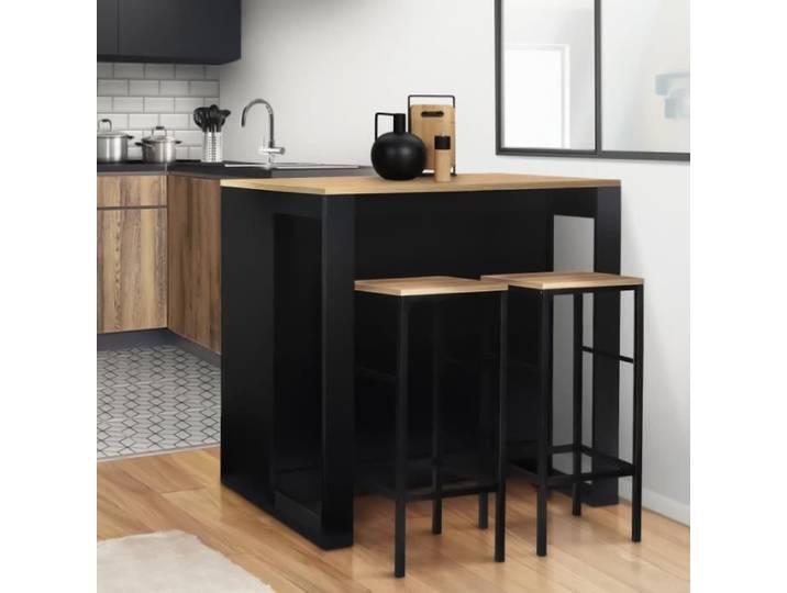 IDMARKET Ensemble table de bar îlot JUNO bois noir avec plateau façon hêtre et 2 tabourets de bar DETROIT